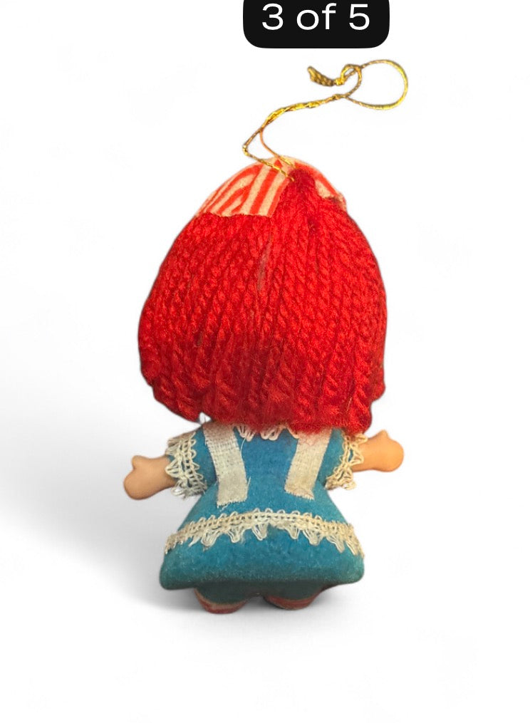 Vintage Raggedy Ann Plastic Christmas Tree Ornament with Yarn Hair