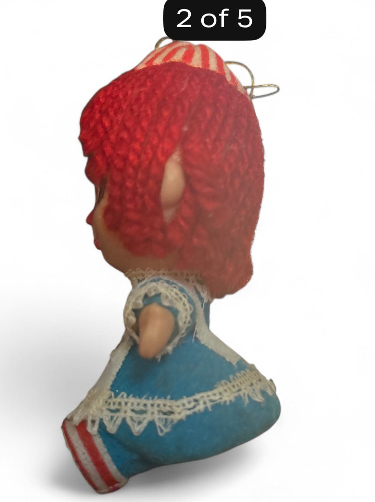 Vintage Raggedy Ann Plastic Christmas Tree Ornament with Yarn Hair