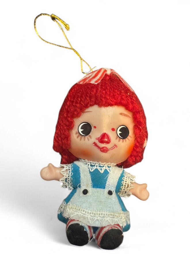 Vintage Raggedy Ann Plastic Christmas Tree Ornament with Yarn Hair