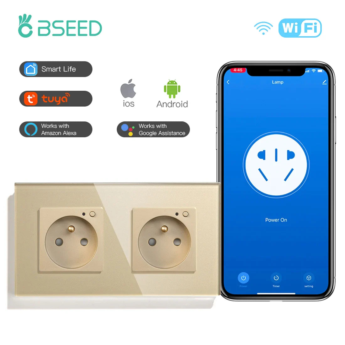 Bseed Wifi Wall Socket France Standard Crystal Glass Panel Smart Socket Outlets Work With Tuya Google Home Alexa Timer APP