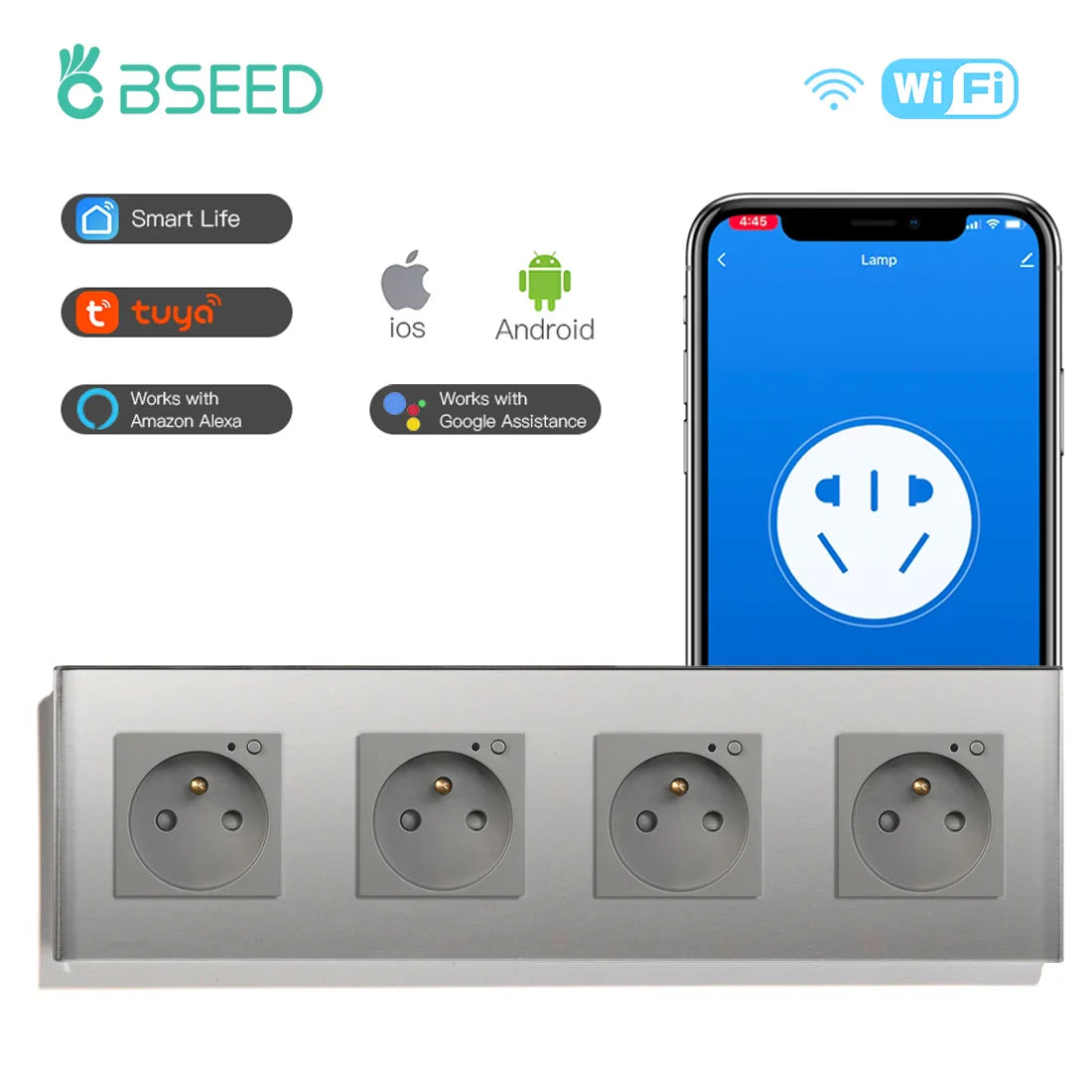 Bseed Wifi Wall Socket France Standard Crystal Glass Panel Smart Socket Outlets Work With Tuya Google Home Alexa Timer APP