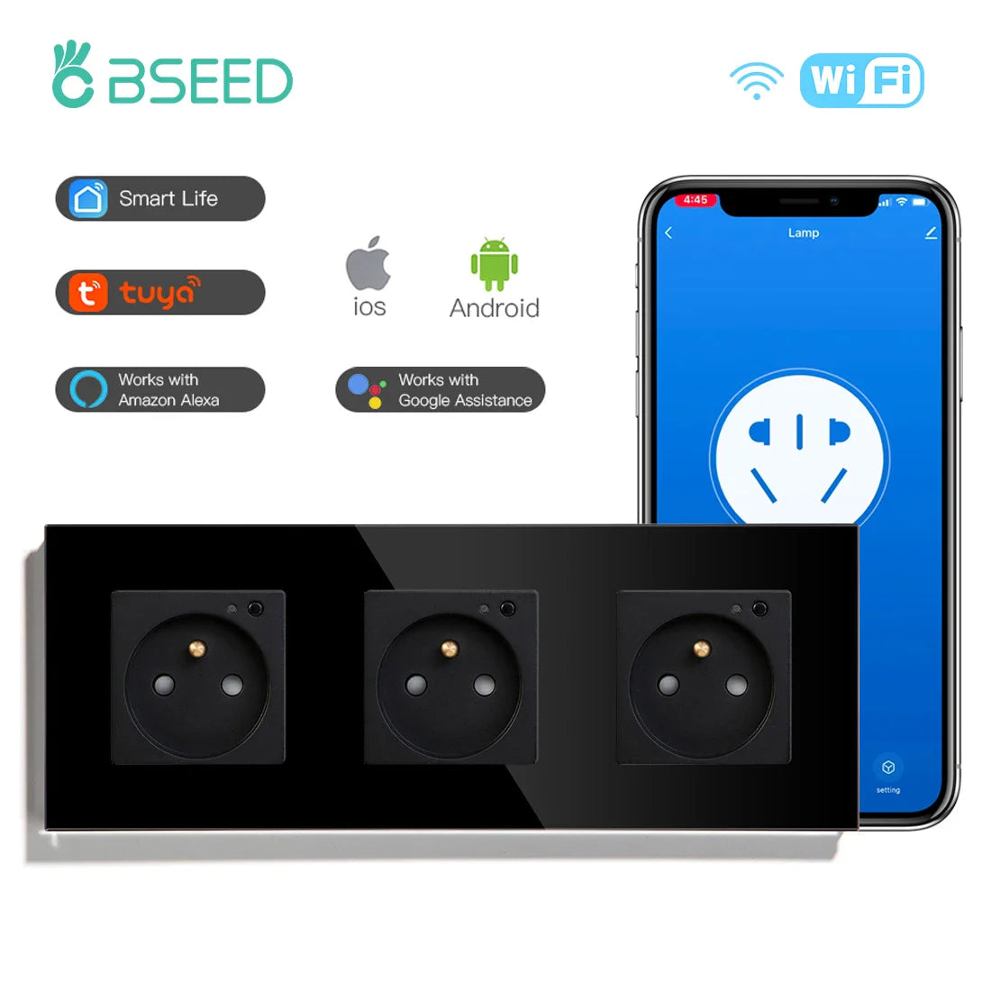 Bseed Wifi Wall Socket France Standard Crystal Glass Panel Smart Socket Outlets Work With Tuya Google Home Alexa Timer APP
