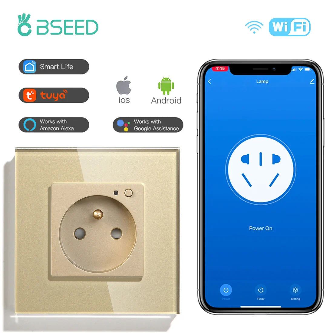 Bseed Wifi Wall Socket France Standard Crystal Glass Panel Smart Socket Outlets Work With Tuya Google Home Alexa Timer APP