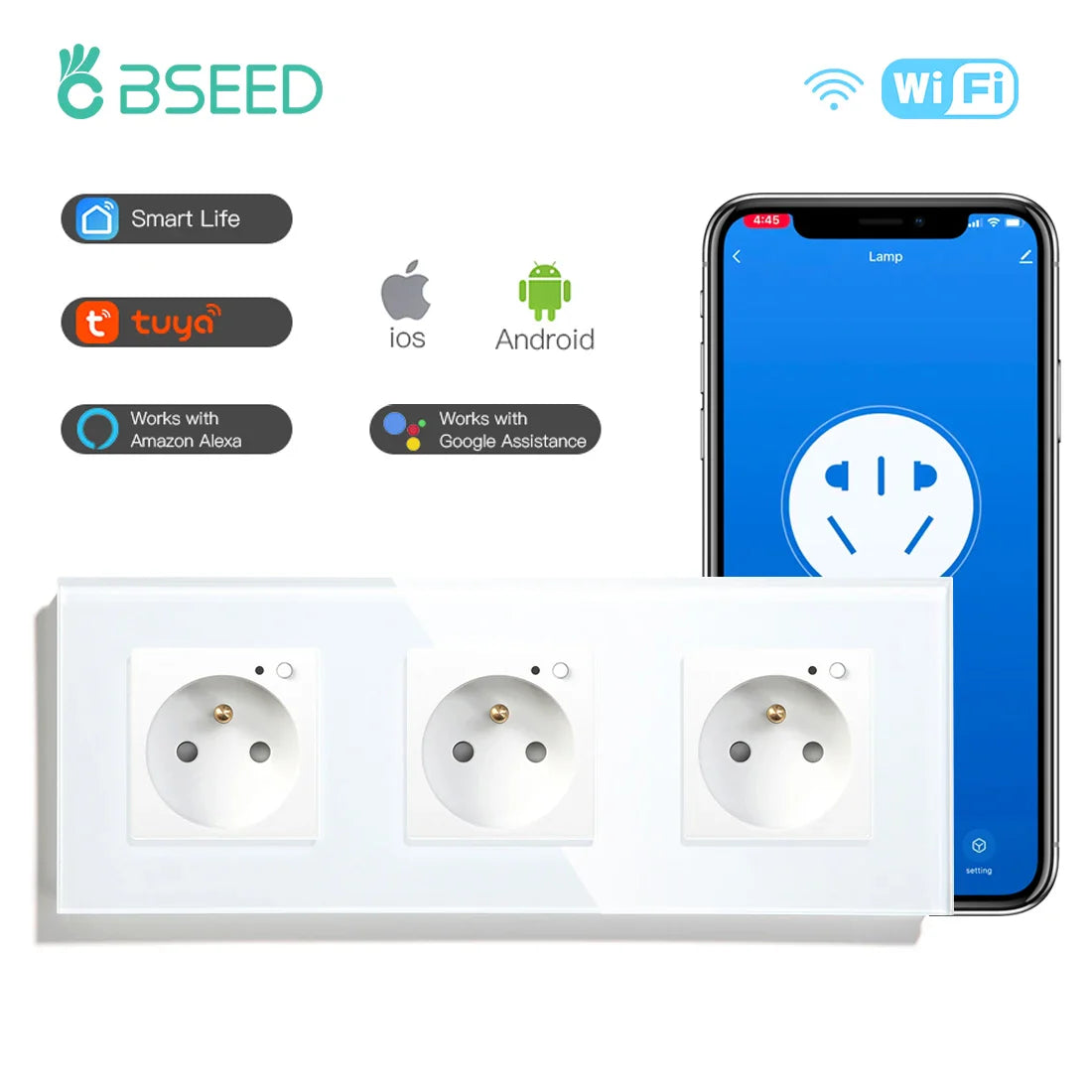 Bseed Wifi Wall Socket France Standard Crystal Glass Panel Smart Socket Outlets Work With Tuya Google Home Alexa Timer APP