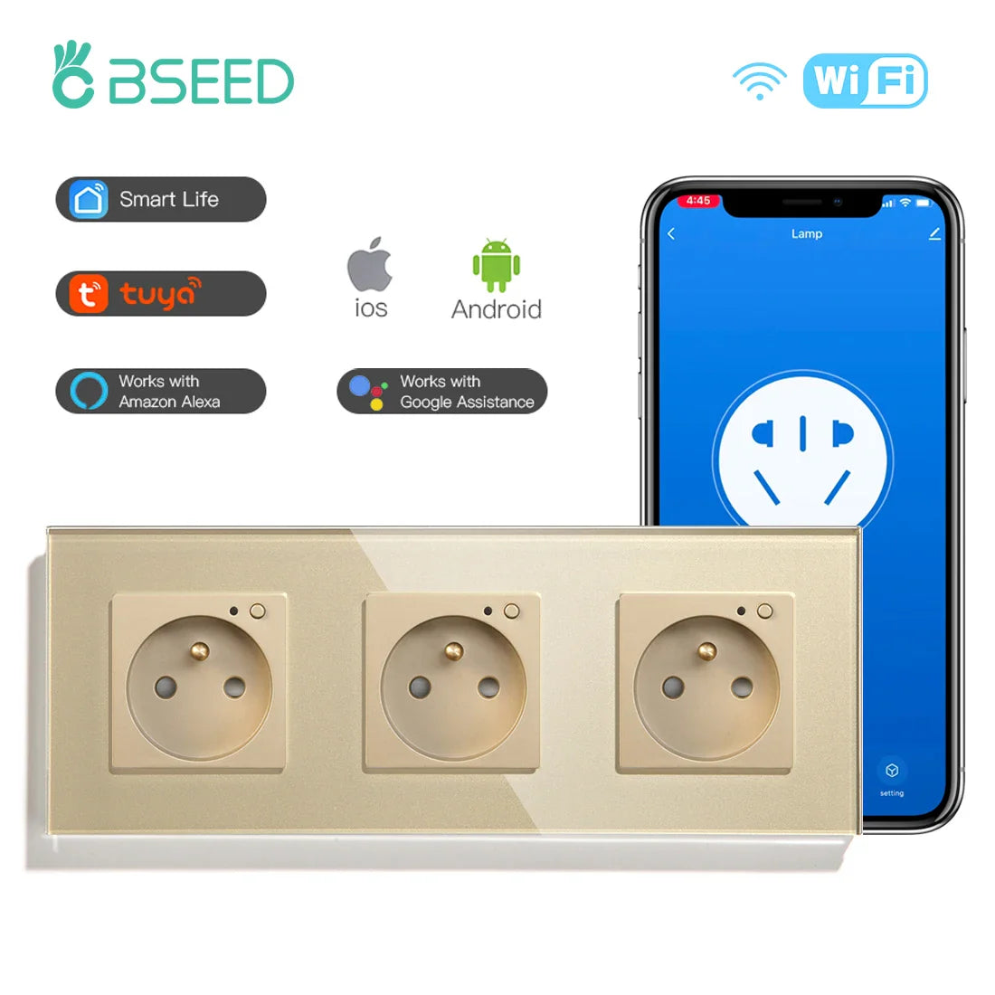 Bseed Wifi Wall Socket France Standard Crystal Glass Panel Smart Socket Outlets Work With Tuya Google Home Alexa Timer APP