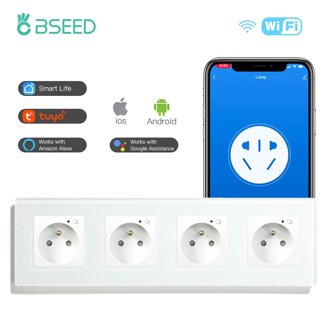 Bseed Wifi Wall Socket France Standard Crystal Glass Panel Smart Socket Outlets Work With Tuya Google Home Alexa Timer APP