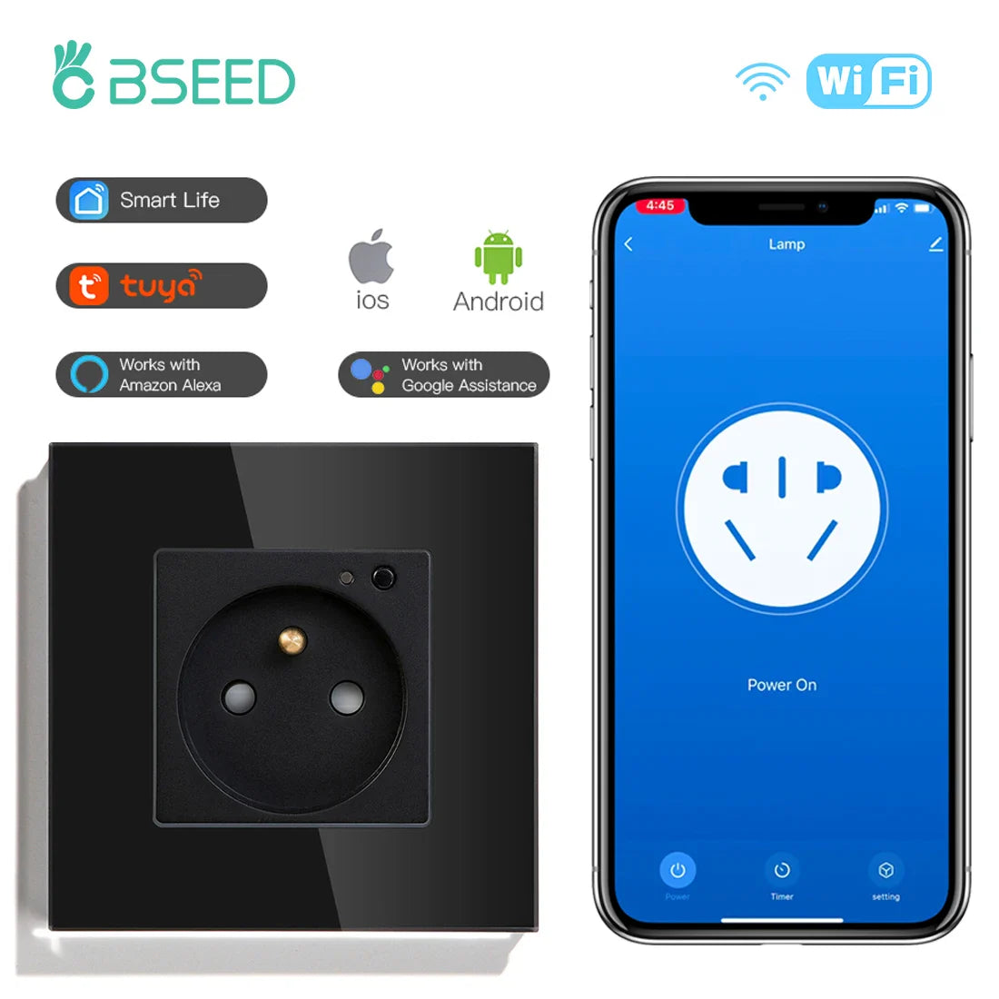 Bseed Wifi Wall Socket France Standard Crystal Glass Panel Smart Socket Outlets Work With Tuya Google Home Alexa Timer APP