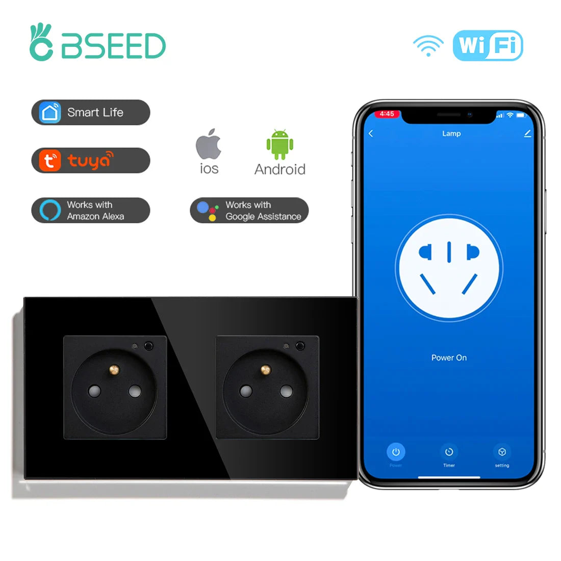 Bseed Wifi Wall Socket France Standard Crystal Glass Panel Smart Socket Outlets Work With Tuya Google Home Alexa Timer APP