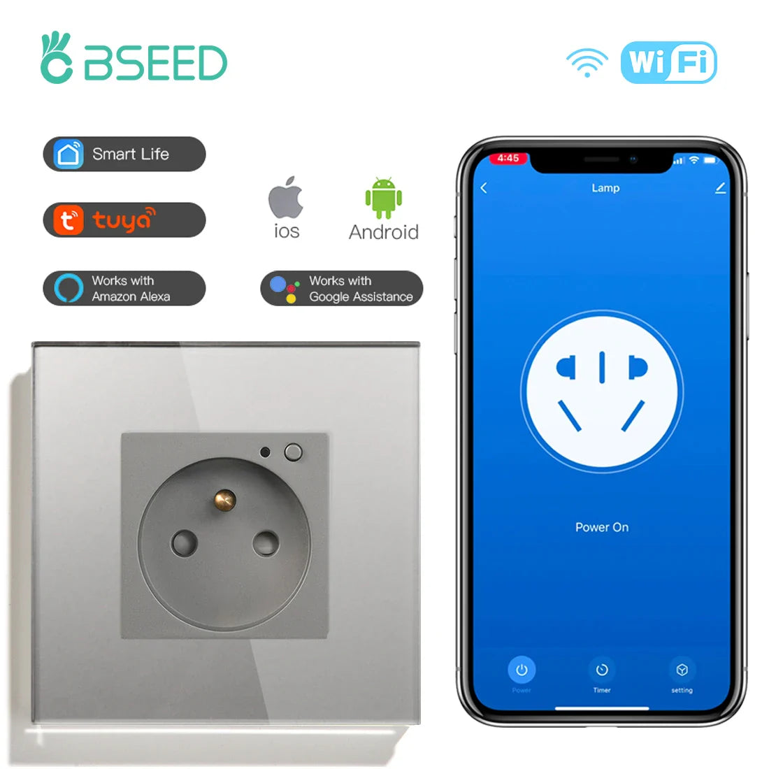 Bseed Wifi Wall Socket France Standard Crystal Glass Panel Smart Socket Outlets Work With Tuya Google Home Alexa Timer APP