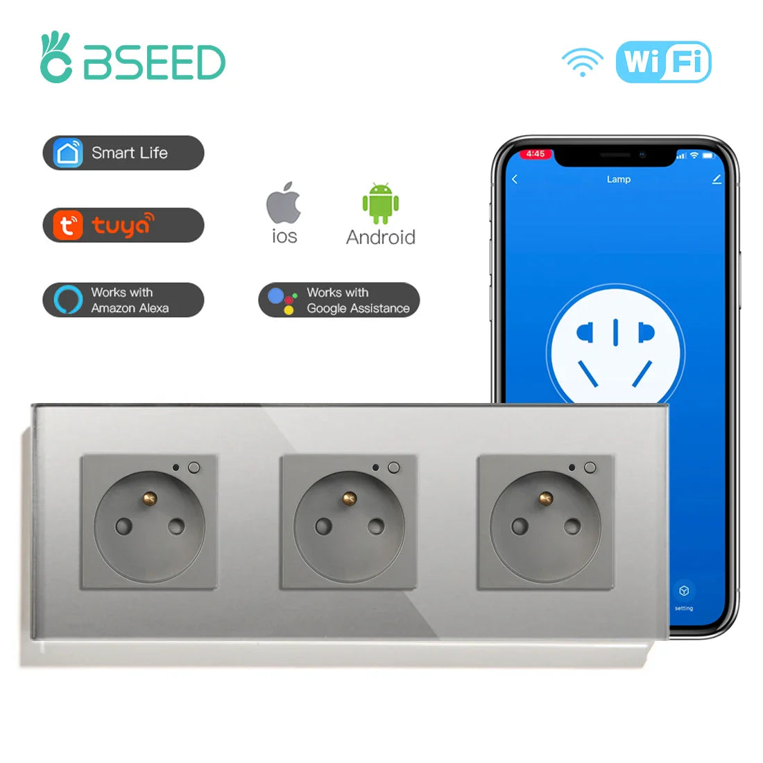 Bseed Wifi Wall Socket France Standard Crystal Glass Panel Smart Socket Outlets Work With Tuya Google Home Alexa Timer APP