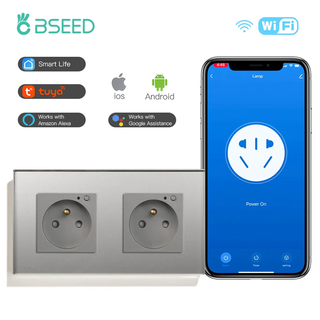 Bseed Wifi Wall Socket France Standard Crystal Glass Panel Smart Socket Outlets Work With Tuya Google Home Alexa Timer APP