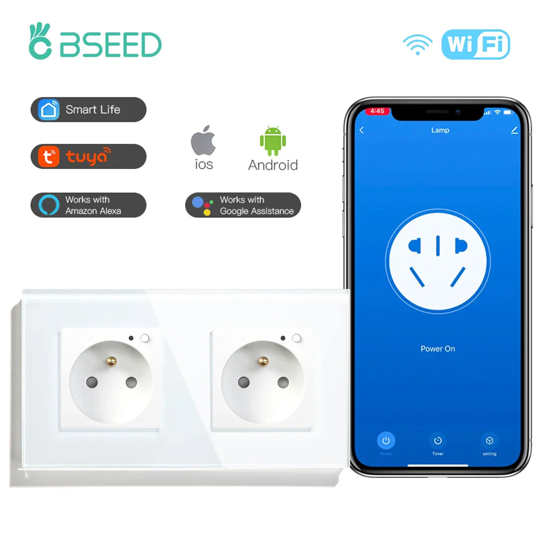 Bseed Wifi Wall Socket France Standard Crystal Glass Panel Smart Socket Outlets Work With Tuya Google Home Alexa Timer APP