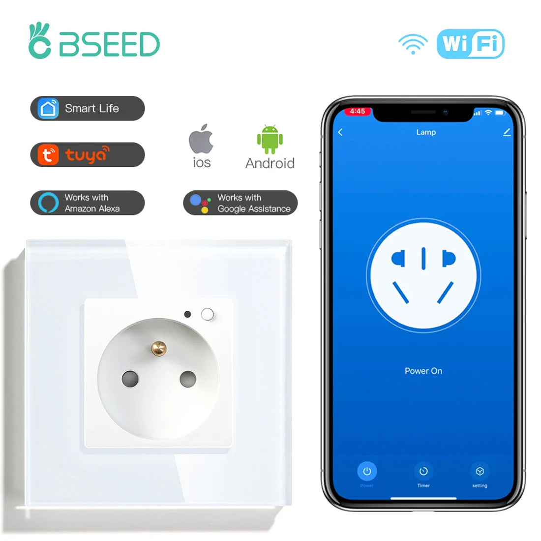 Bseed Wifi Wall Socket France Standard Crystal Glass Panel Smart Socket Outlets Work With Tuya Google Home Alexa Timer APP