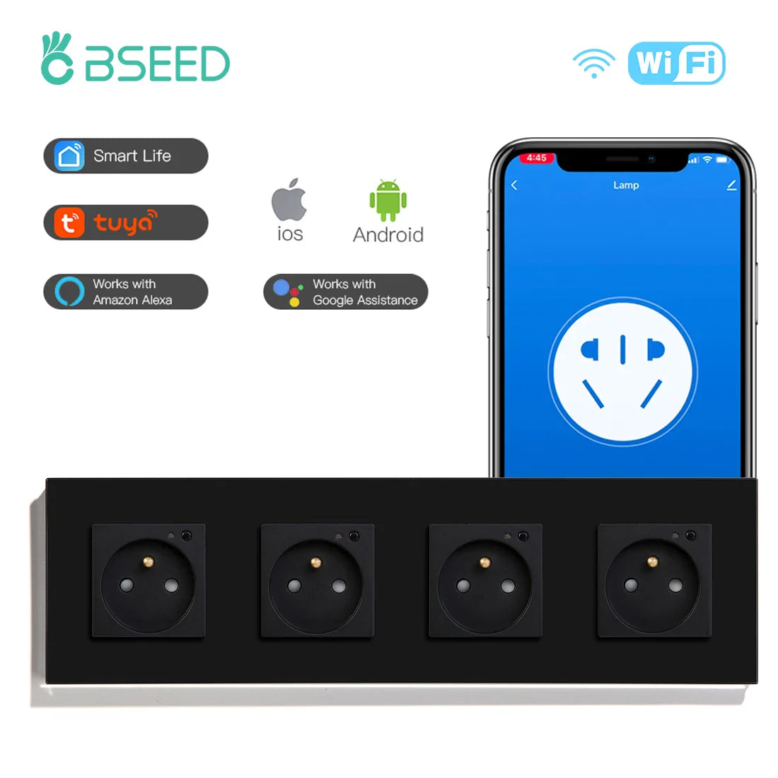 Bseed Wifi Wall Socket France Standard Crystal Glass Panel Smart Socket Outlets Work With Tuya Google Home Alexa Timer APP