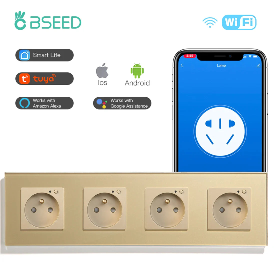 Bseed Wifi Wall Socket France Standard Crystal Glass Panel Smart Socket Outlets Work With Tuya Google Home Alexa Timer APP